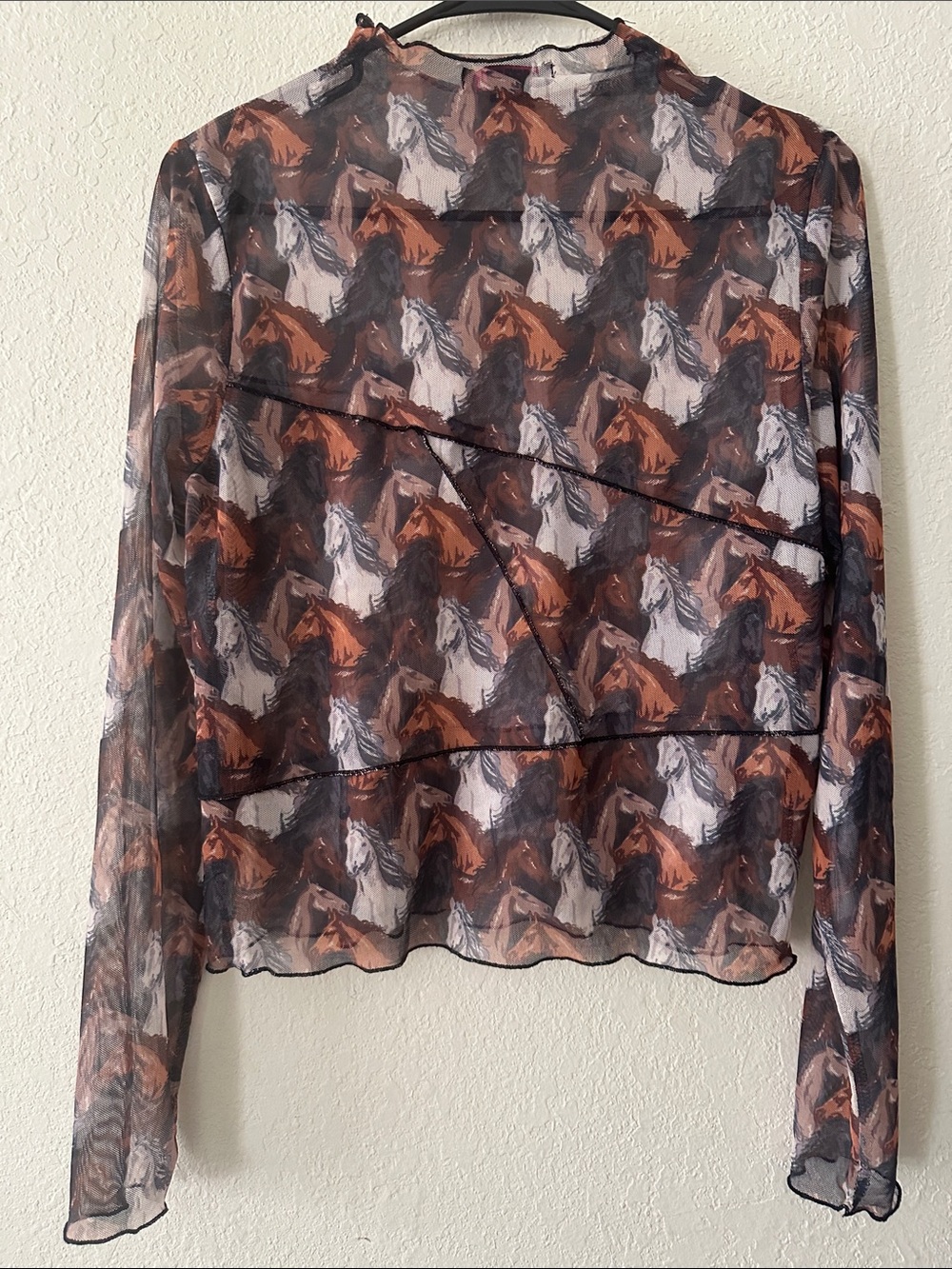 Sheer Horse-Print Long Sleeve Top - Brown/Black/White - Picture 9 of 11